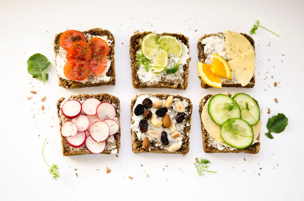 A variety of open-faced sandwiches.