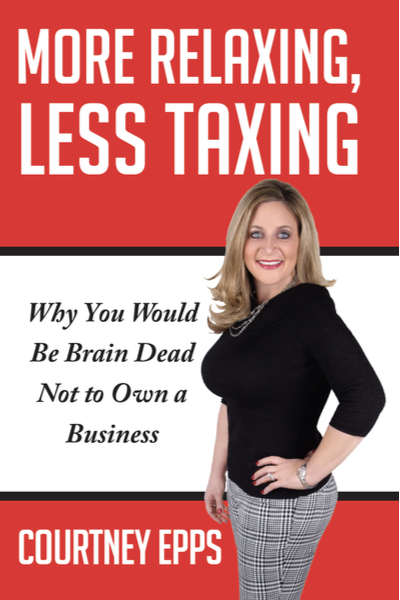 Book cover titled 'More Relaxing, Less Taxing' by Courtney Epps