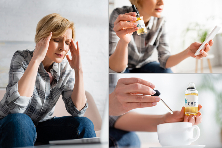 Collage of mature woman with migraine holding bottle while using smartphone and adding cbd oil in drink.