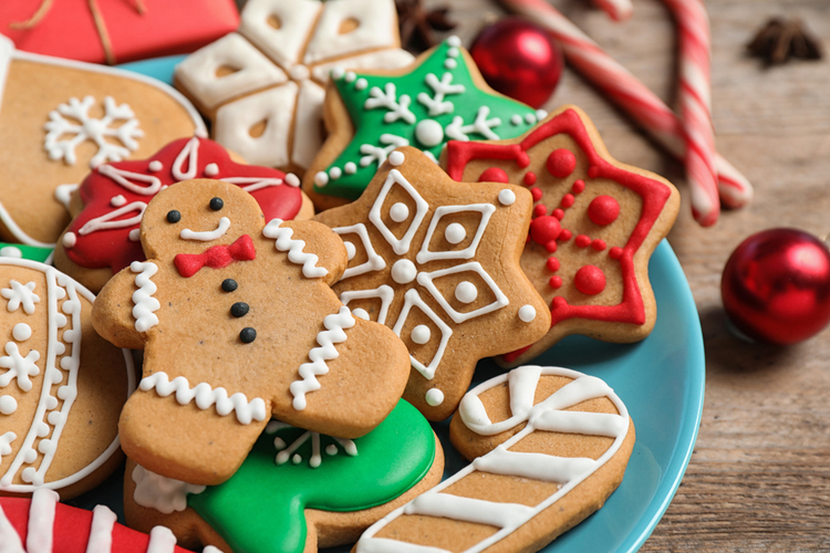 An assortment of gingerbread cookies on a blue plate