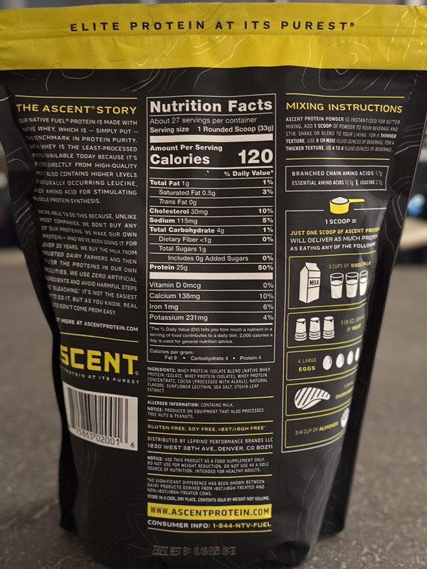 Ascent whey protein ingredients label