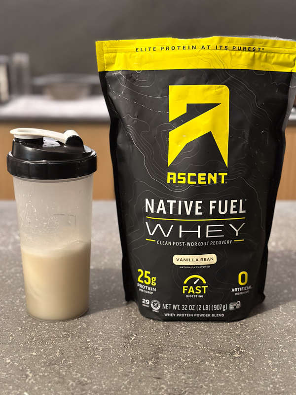 Ascent whey protein vanilla flavor in mixer bottle