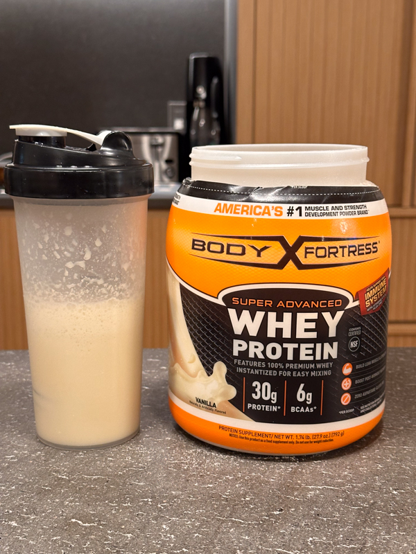 Body Fortress Whey Protein taste test vanilla with shaker bottle 