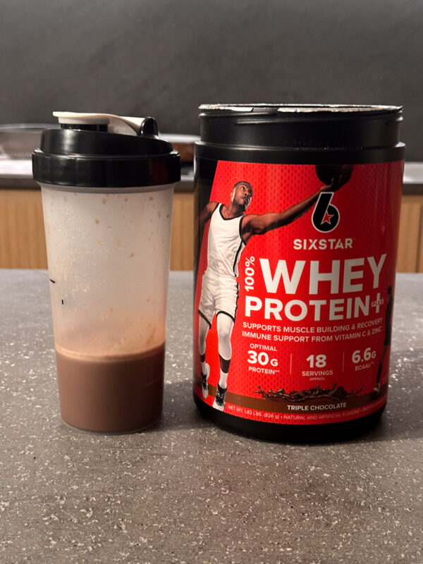 Six Star whey protein chocolate in mixer bottle