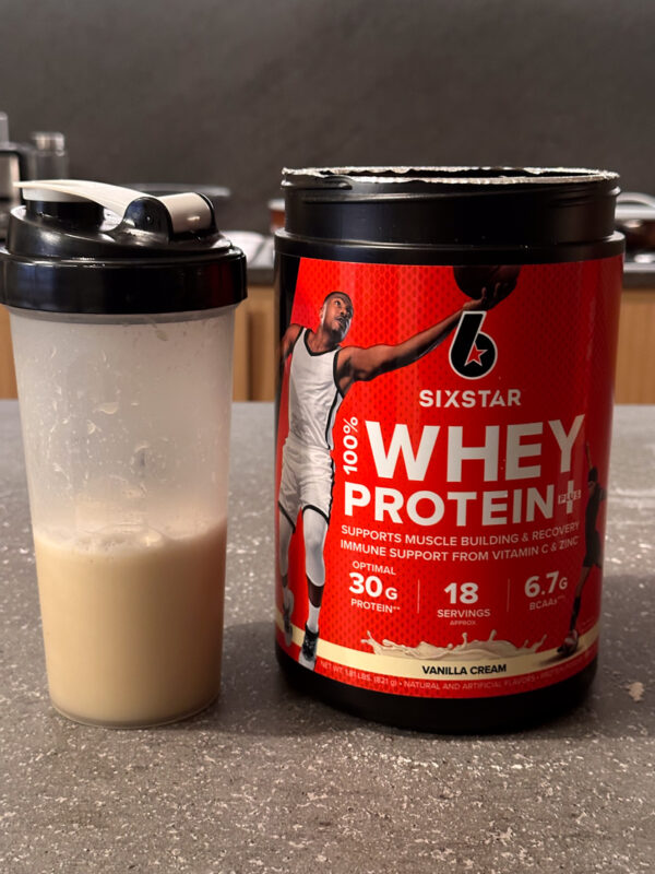 Six Star whey protein vanilla in mixer bottle